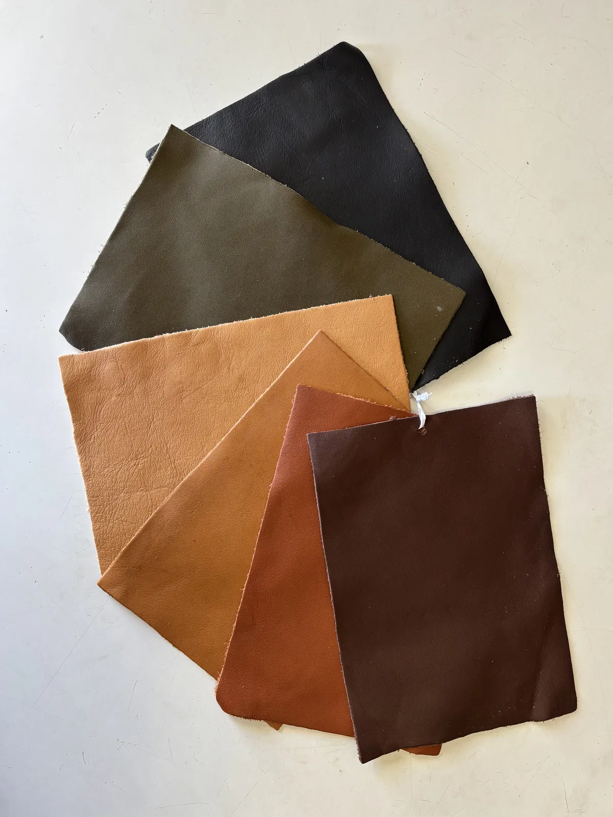 Seis amostras de pele anilina: preto, verde-azeitona, natural, camelo, conhaque e castanho-escuro